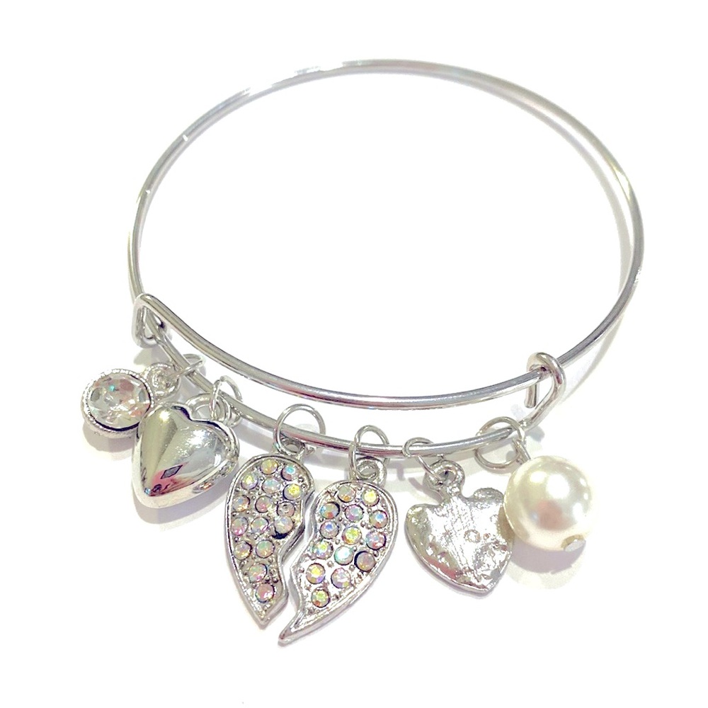 Broken Heart Charm Bangle Bracelet Silver Tone Shimmering Rhinestone Hearts